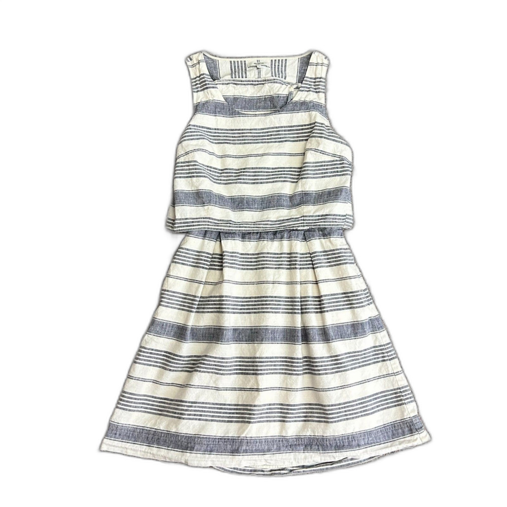 Madewell Women's Ivory Navy Striped Overlay Cross Back Sleeveless Dress Size 6 - Picture 2 of 16